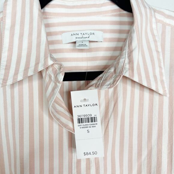 New Ann Taylor Small Pink Cream Weekend Stripe Relaxed Perfect Shirt Long Sleeve - Picture 7 of 10